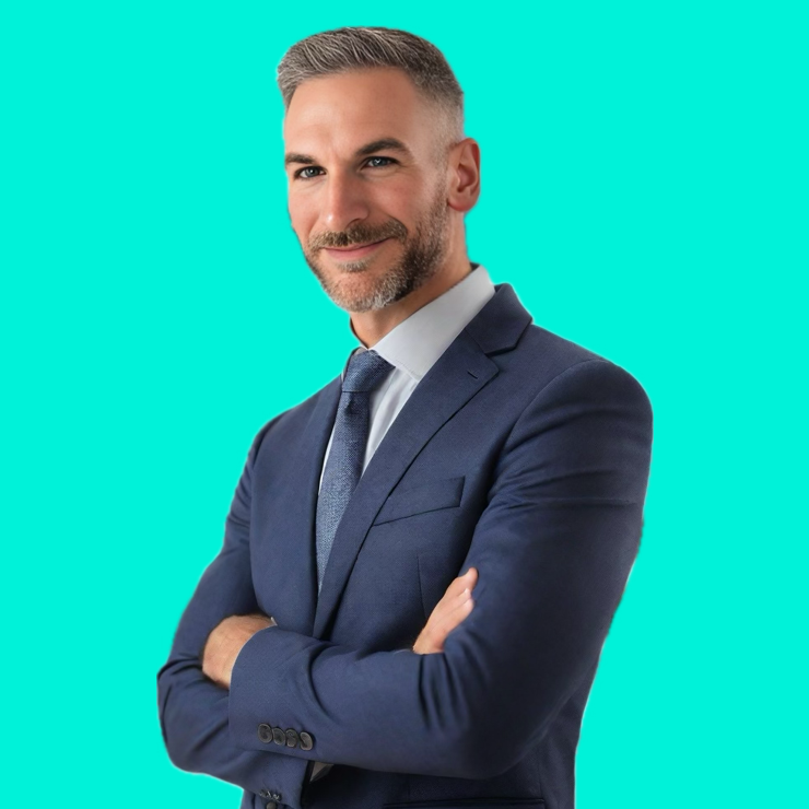 A professional man with short gray hair and a neatly trimmed beard, wearing a dark blue suit, white shirt, and blue tie, smiling confidently with his arms crossed against a bright turquoise background.