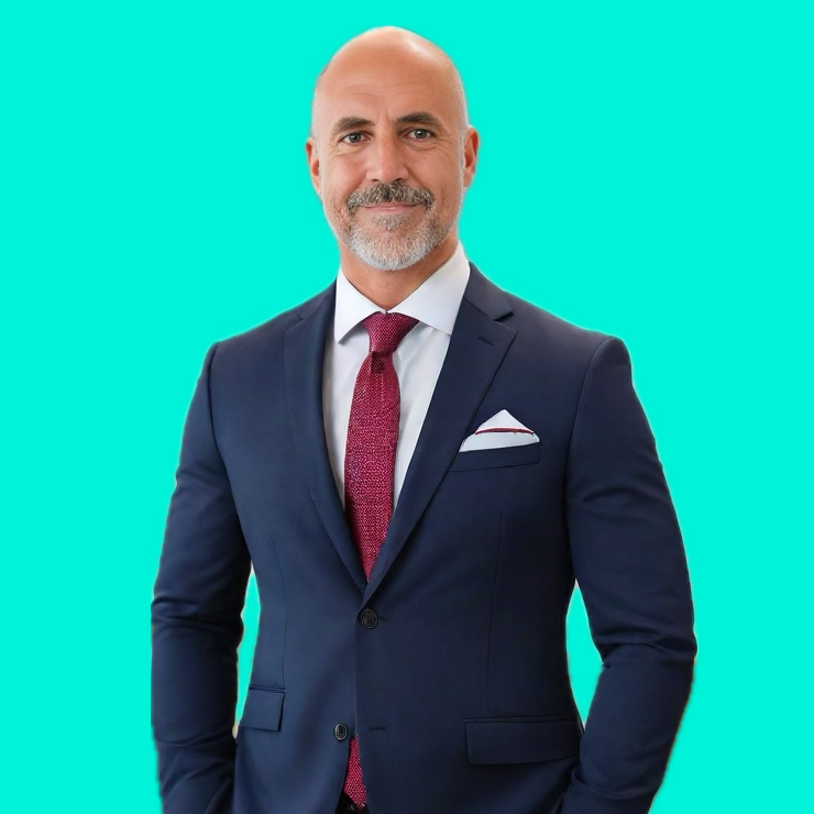 A professional man with a bald head and neatly trimmed gray beard, wearing a dark blue suit, white shirt, and red tie, smiling confidently against a bright turquoise background.