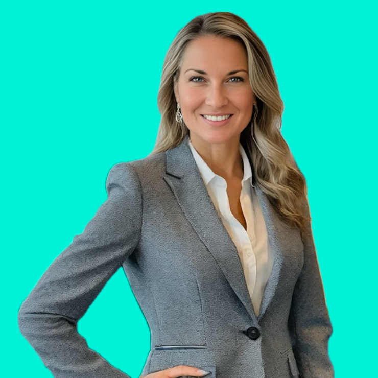 A professional woman with long blonde hair, wearing a light gray blazer and white blouse, smiling confidently with her right hand on her hip against a bright turquoise background.