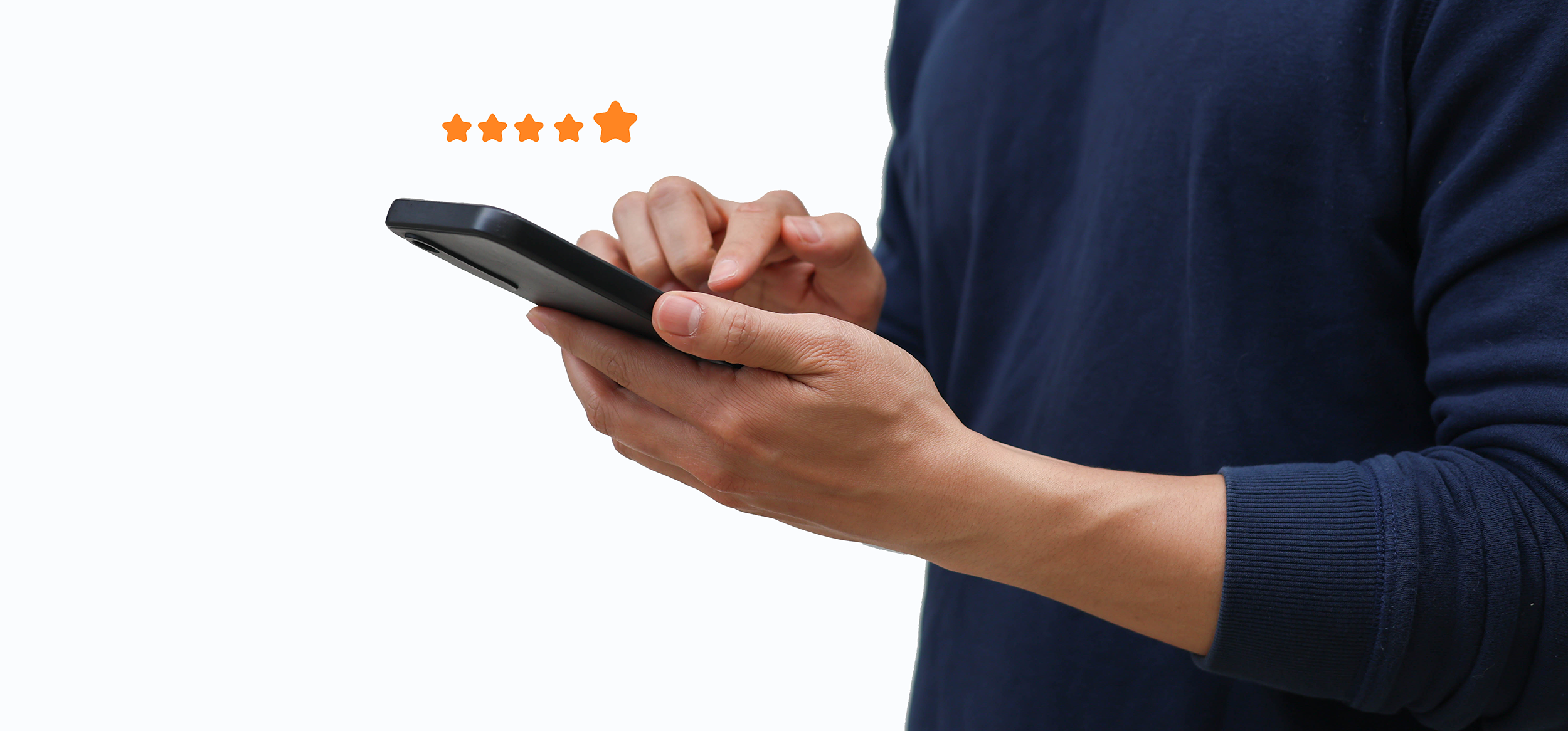 A person using a smartphone with a five-star rating icon displayed above the device.