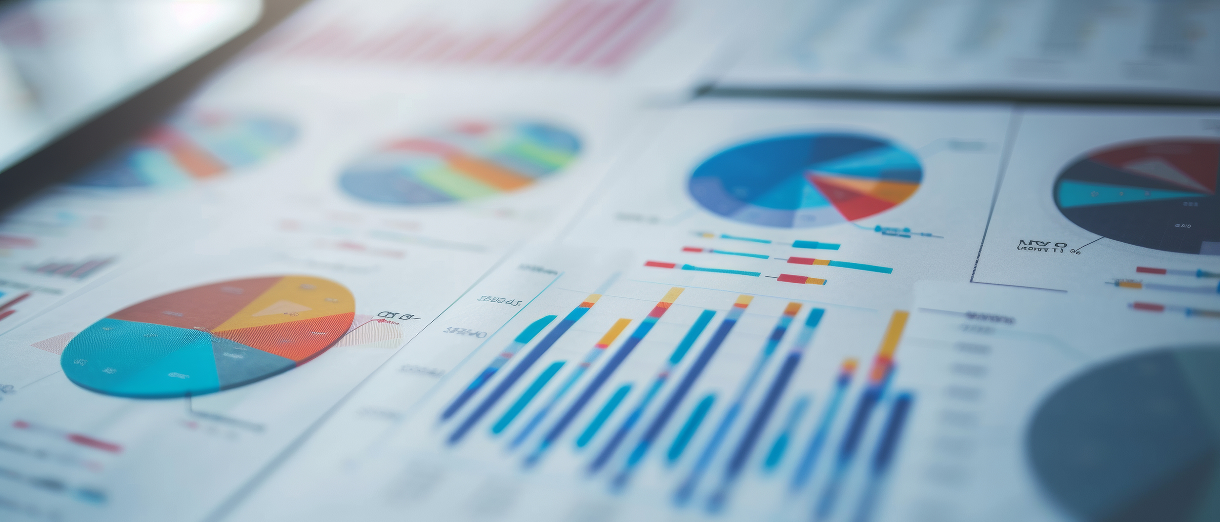 Close-up view of colorful charts and graphs printed on paper, showcasing various data analytics.