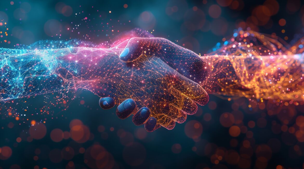 Digital handshake symbolizing a partnership between AI and business