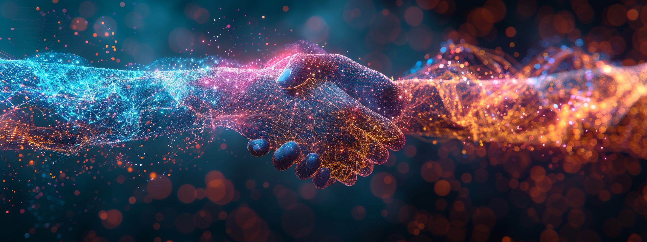 Digital handshake symbolizing a partnership between AI and business