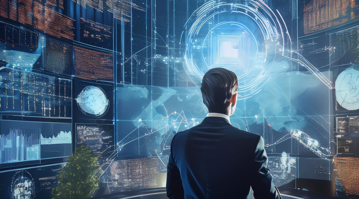 A business professional stands in a futuristic control room, surrounded by multiple digital screens displaying data, charts, and a central holographic interface. The scene illustrates the integration of advanced technology and artificial intelligence in data analysis and business strategy.