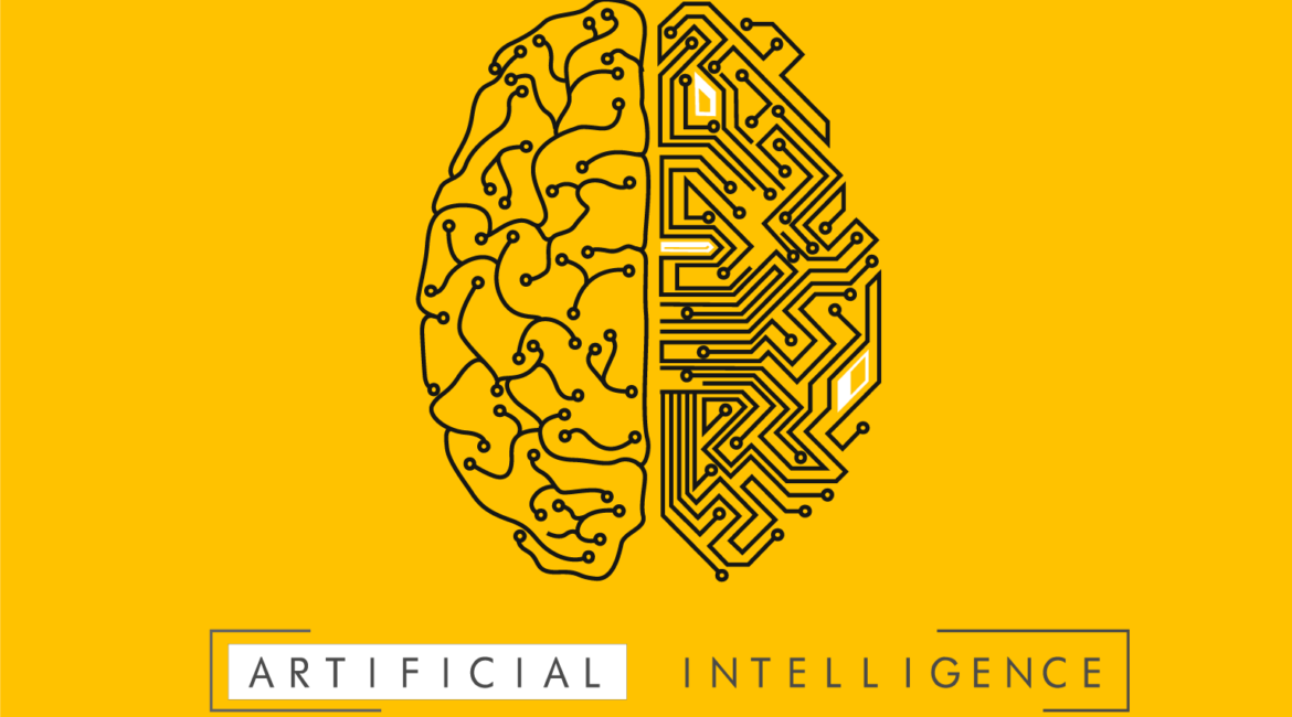 Illustration of a brain split in two, with one side representing biological brain functions and the other depicting a digital circuit board, symbolizing artificial intelligence.