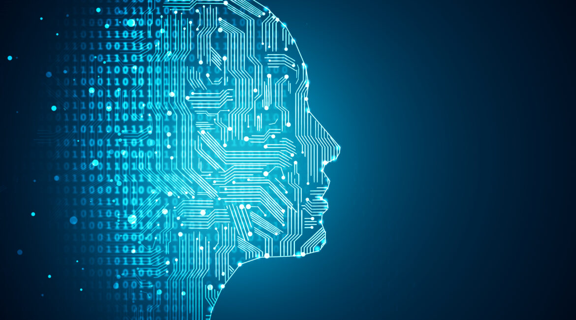 Digital representation of a human head composed of circuits and binary code, symbolizing artificial intelligence and technology.