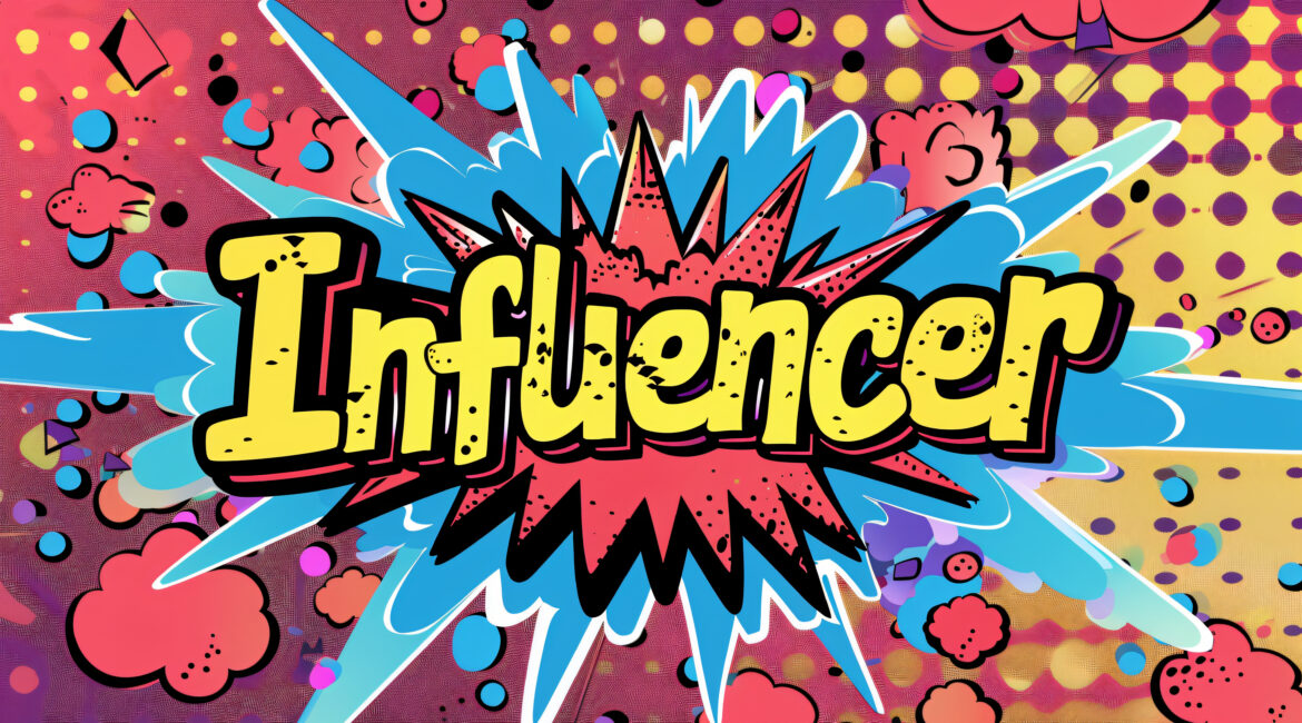 The word "Influencer" is illustrated in bold, comic-style yellow text with a black outline, set against a vibrant pop-art background with blue, red, and pink bursts, colorful dots, and abstract shapes.