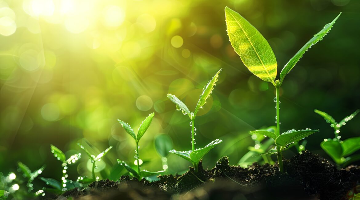 A series of green plants at various stages of growth, glistening with morning dew, in a lush natural environment with sunlight streaming in the background.